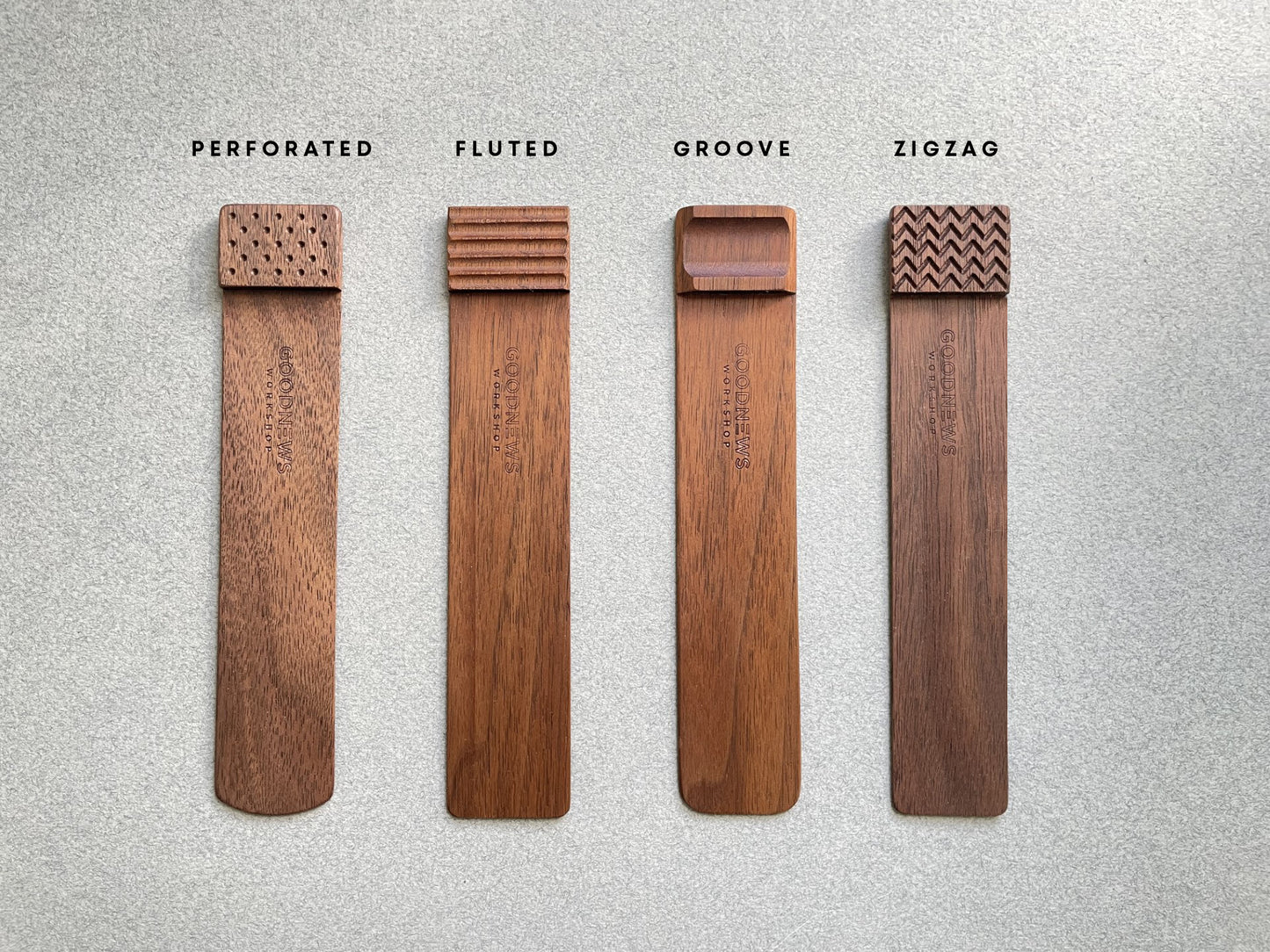 Labeled view of each Edge Bookmark engraving design to choose from: Perforated, Fluted, Groove or Zigzag
