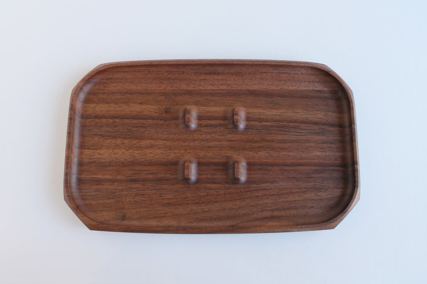 EDC Park Tray in Walnut tray with center ramps for everyday carry items. Top View