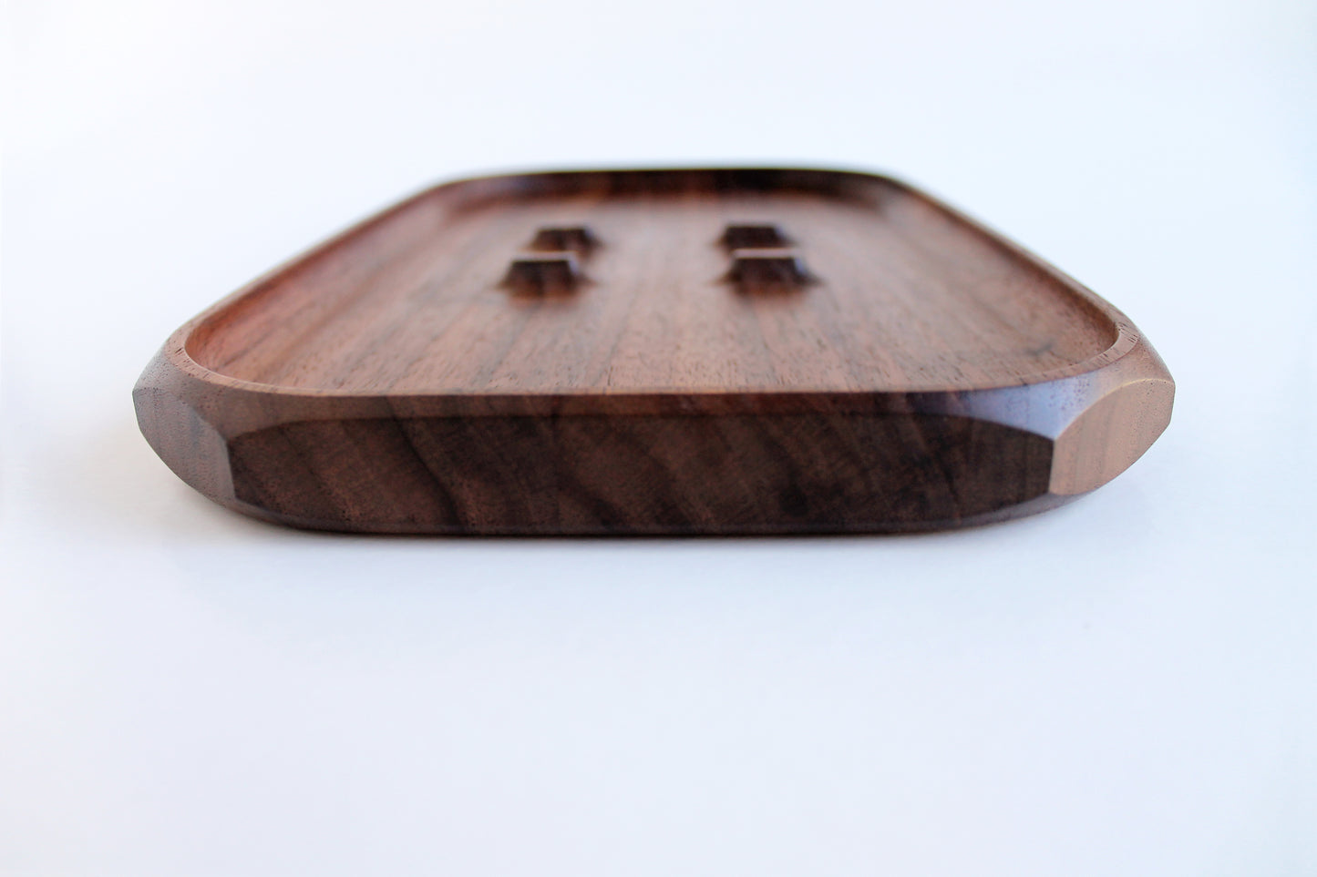 EDC Park Tray in Walnut tray with center ramps for everyday carry items. End View