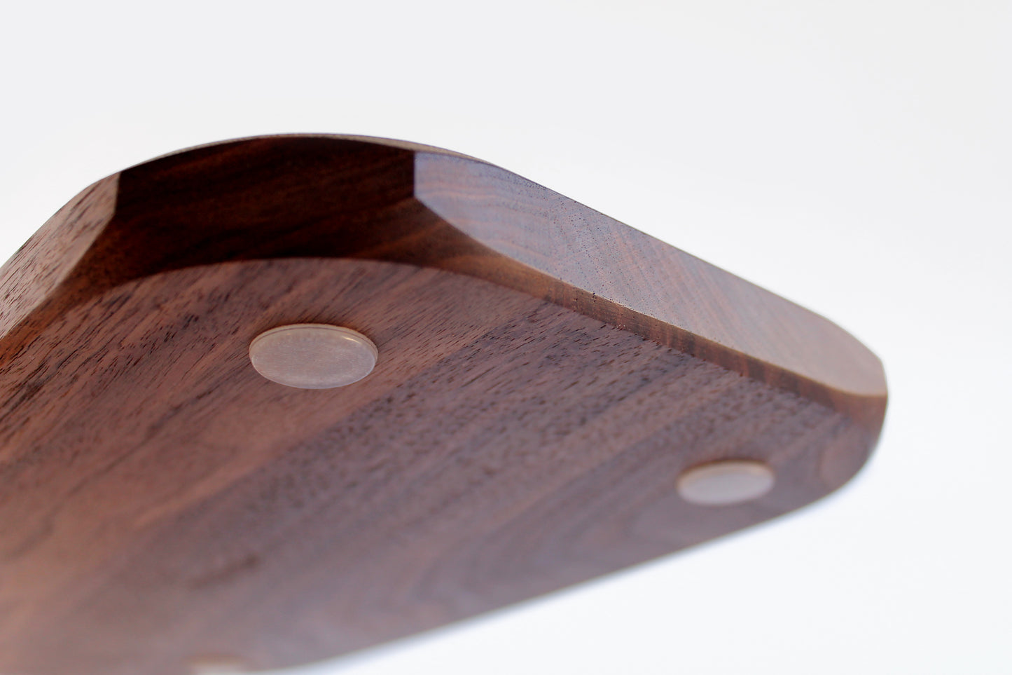 EDC Park Tray in Walnut tray with center ramps for everyday carry items. Bottom view of non slip feet