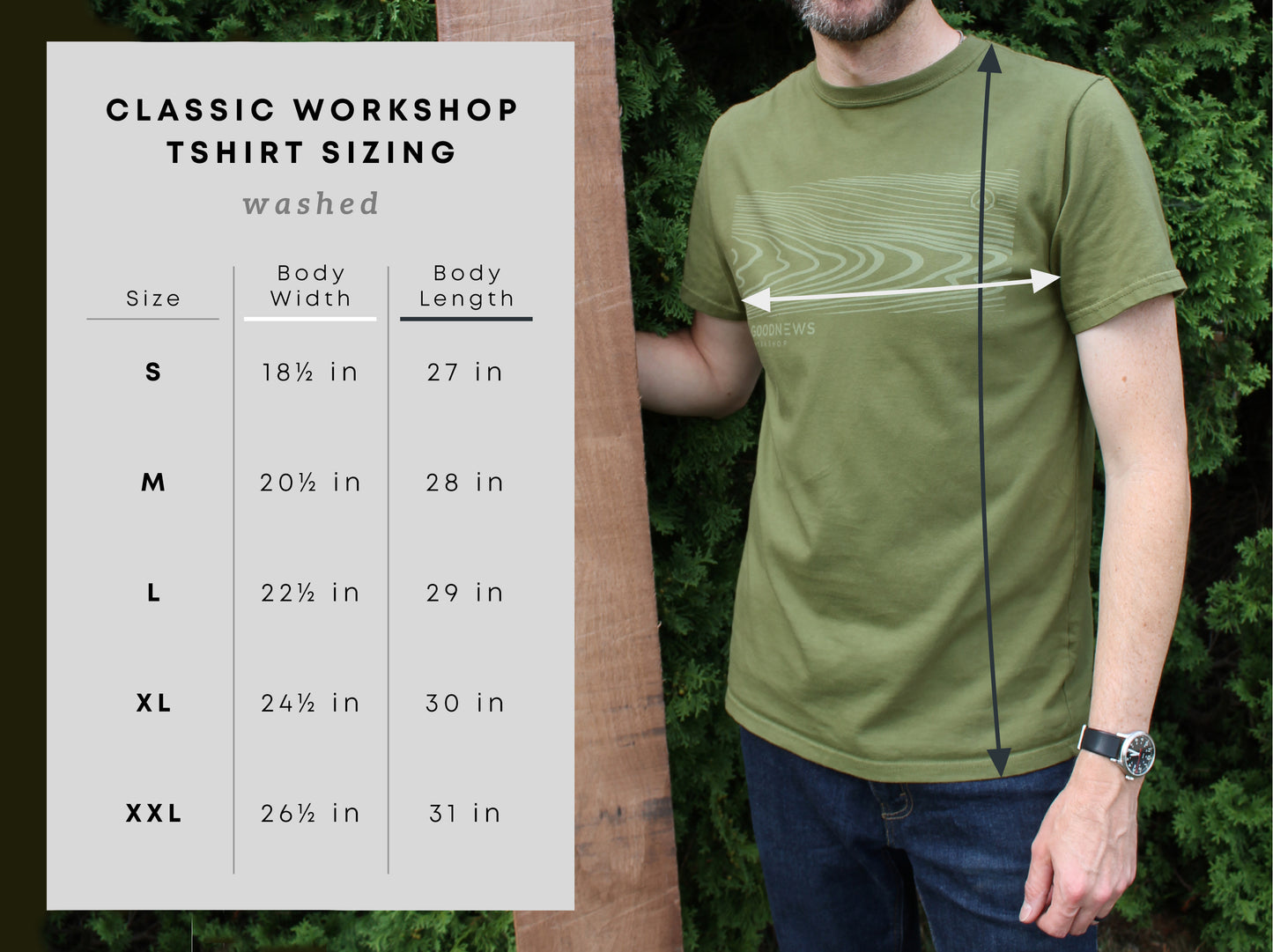 Grain T Shirt sizing chart Small - XXL