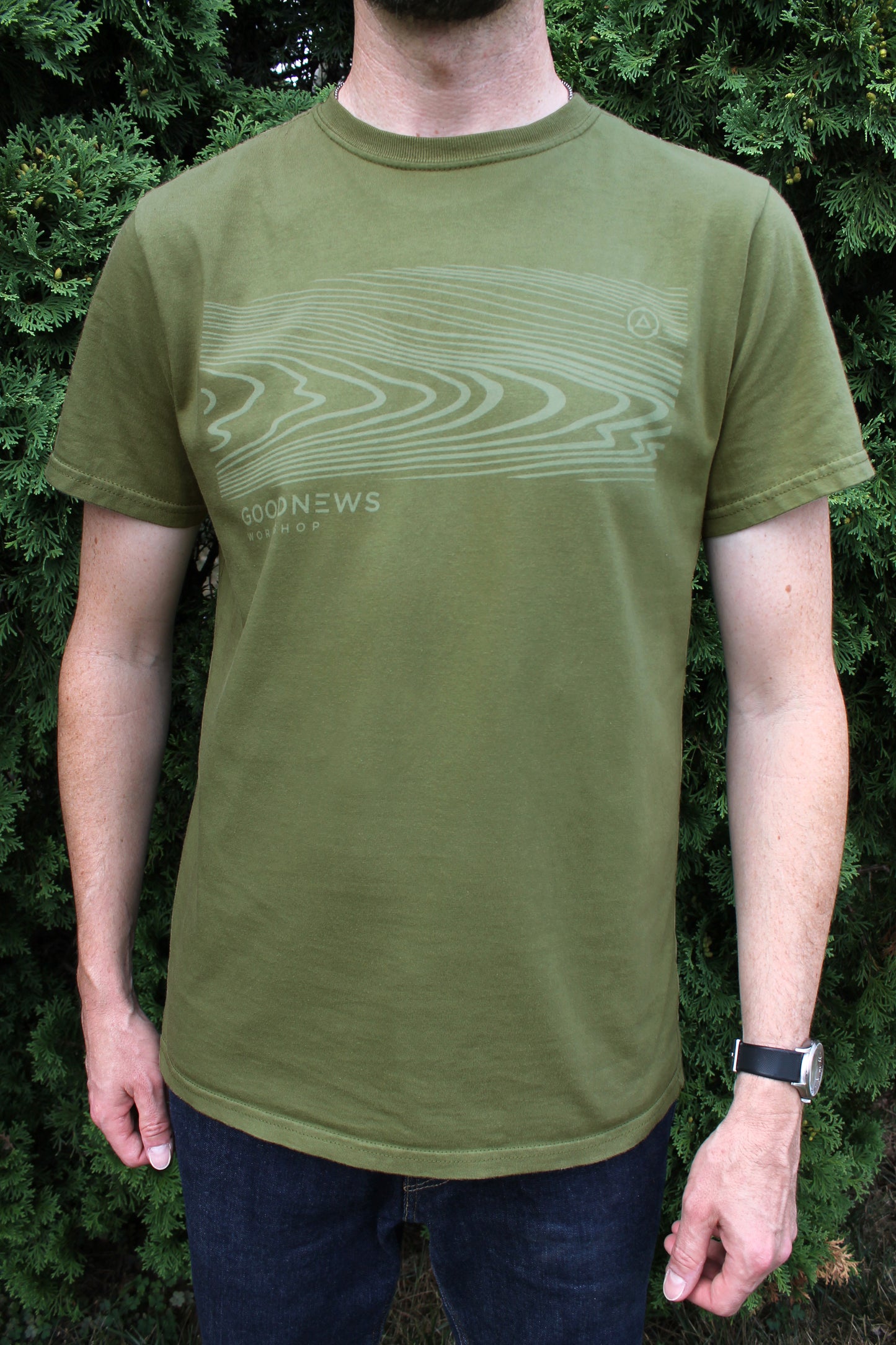 Grain T Shirt shown worn by athletic male in a size medium.