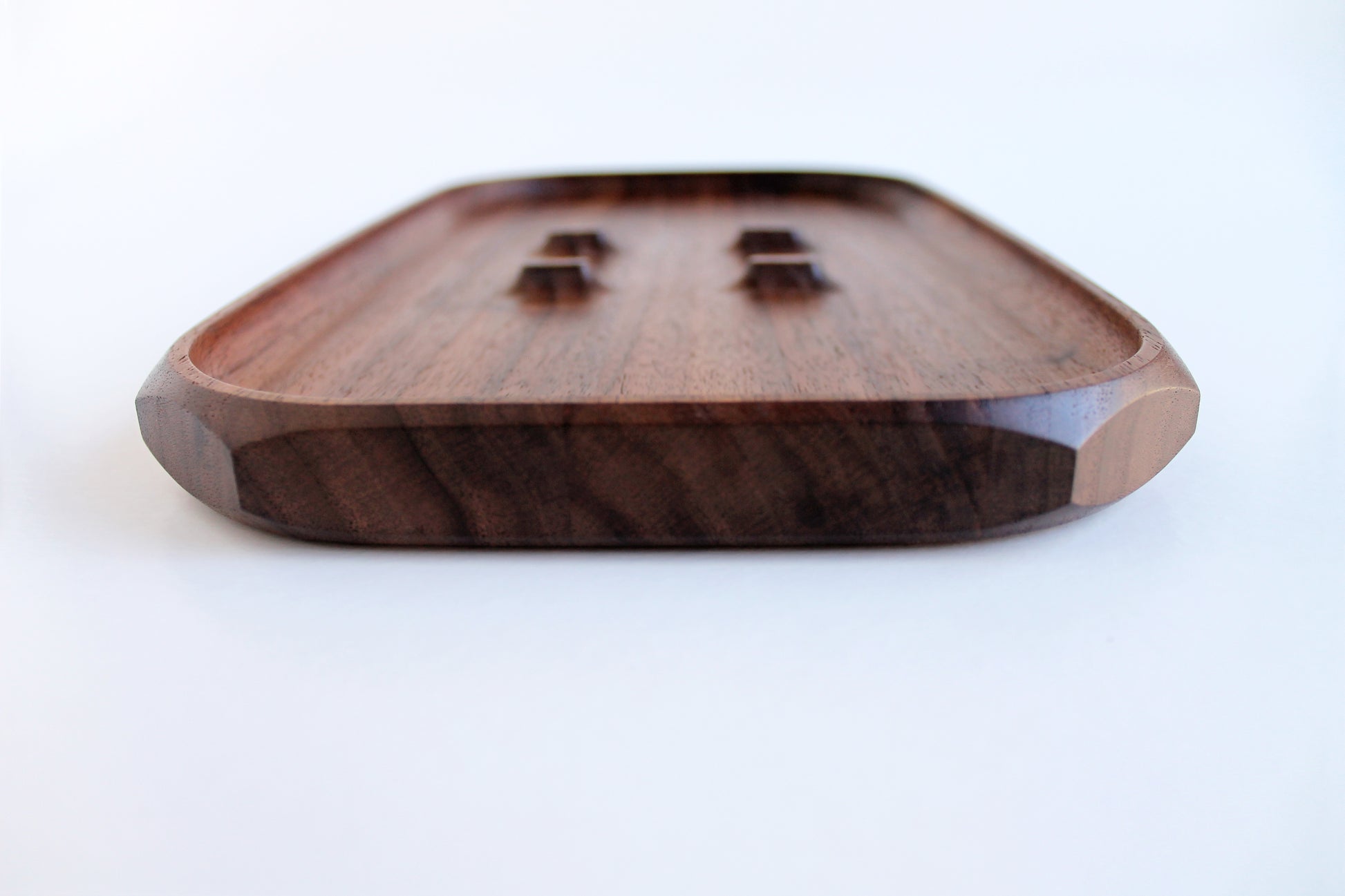 EDC Park Tray in Walnut tray with center ramps for everyday carry items. End View